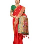 Red Woven Silk Blend Saree With Blouse