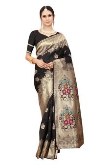 Black woven Banarasi silk blend saree with blouse