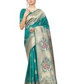 Teal woven Banarasi silk blend saree with blouse