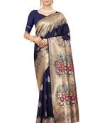 Navy blue woven Banarasi silk blend saree with blouse
