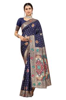 Navy blue woven Banarasi silk blend saree with blouse