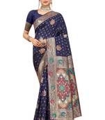 Navy blue woven Banarasi silk blend saree with blouse