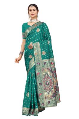 Teal woven Banarasi silk blend saree with blouse 1