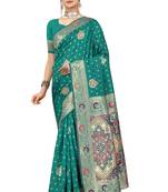 Teal woven Banarasi silk blend saree with blouse