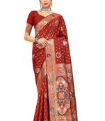 Maroon woven Banarasi silk blend saree with blouse