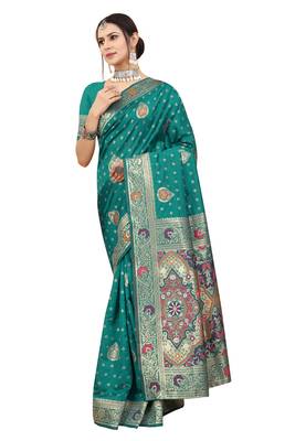 Teal woven Banarasi silk blend saree with blouse 2