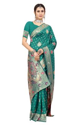 Teal woven Banarasi silk blend saree with blouse 3