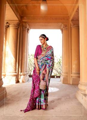 Grey printed patola saree with blouse 2