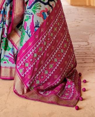 Grey printed patola saree with blouse 3