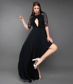 Black Pleated Asymmetric Gown With Key Hole Detail