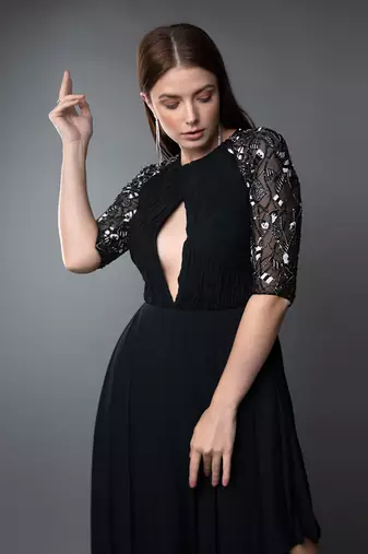 Black Pleated Asymmetric Gown With Key Hole Detail