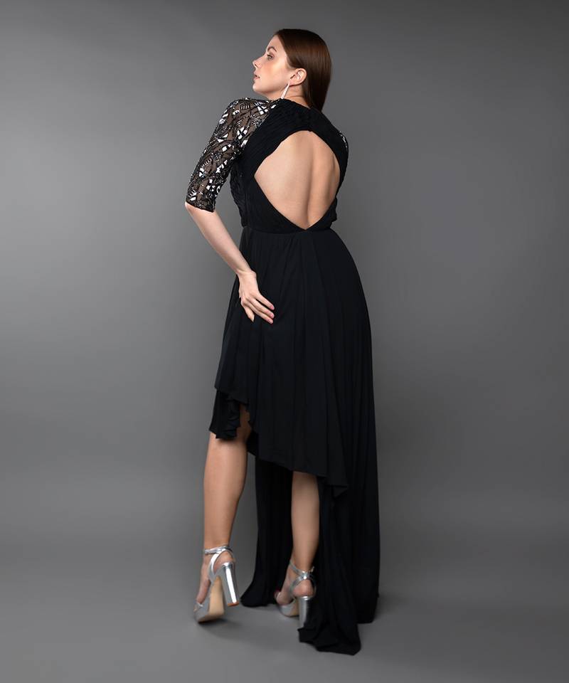 Black Pleated Asymmetric Gown With Key Hole Detail