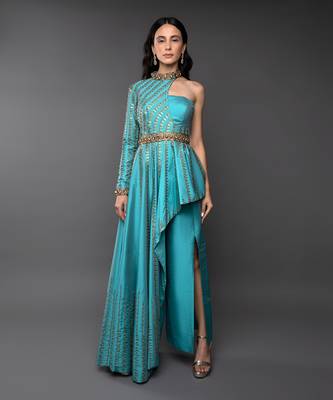 Blue One Sleeve Asymmetrical Co-Ord Set  1