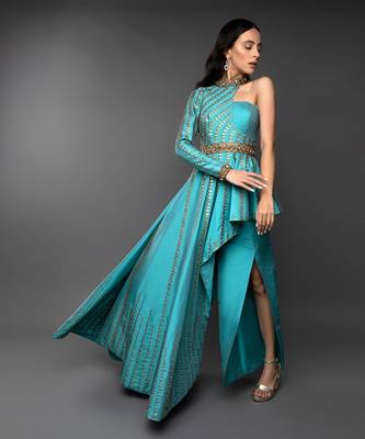 Blue One Sleeve Asymmetrical Co-Ord Set  2