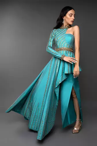 Blue One Sleeve Asymmetrical Co-Ord Set 