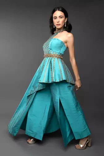 Blue One Sleeve Asymmetrical Co-Ord Set 