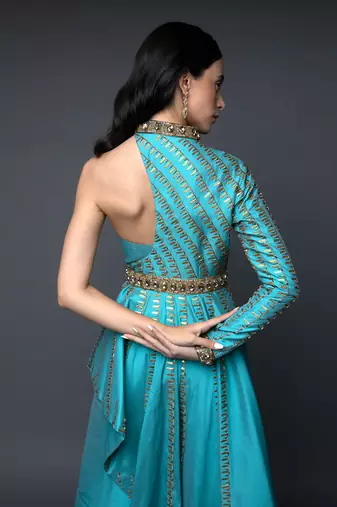 Blue One Sleeve Asymmetrical Co-Ord Set 