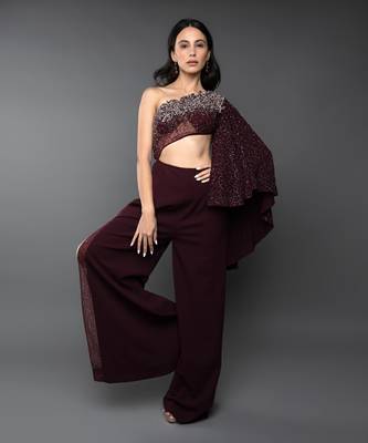 Wine One Shoulder Embroidered Body cut Slit Jumpsuit 1