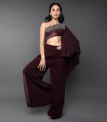 Wine One Shoulder Embroidered Body cut Slit Jumpsuit