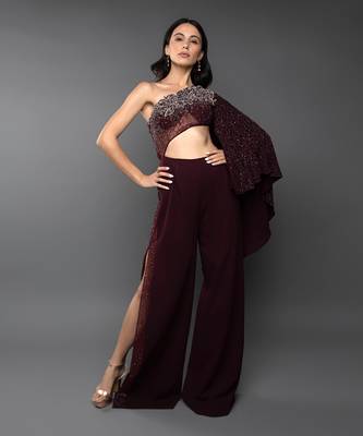 Wine One Shoulder Embroidered Body cut Slit Jumpsuit 2