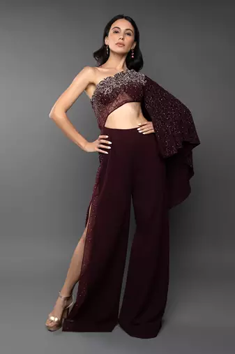 Wine One Shoulder Embroidered Body cut Slit Jumpsuit