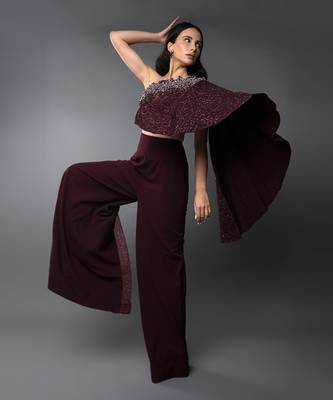 Wine One Shoulder Embroidered Body cut Slit Jumpsuit 3