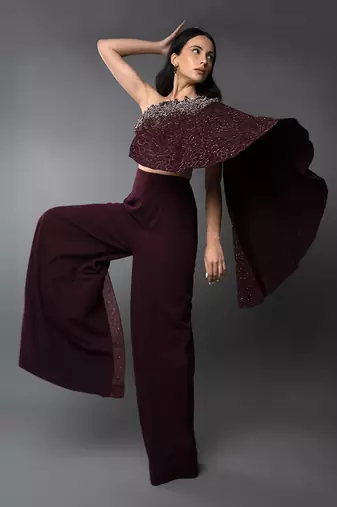Wine One Shoulder Embroidered Body cut Slit Jumpsuit
