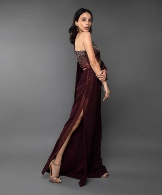 Wine One Shoulder Embroidered Body cut Slit Jumpsuit 4