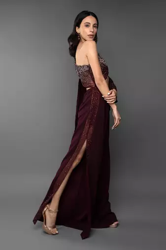 Wine One Shoulder Embroidered Body cut Slit Jumpsuit