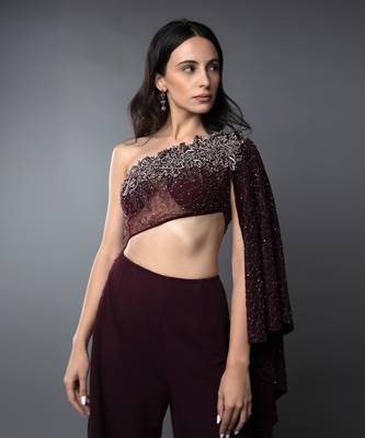 Wine One Shoulder Embroidered Body cut Slit Jumpsuit 5
