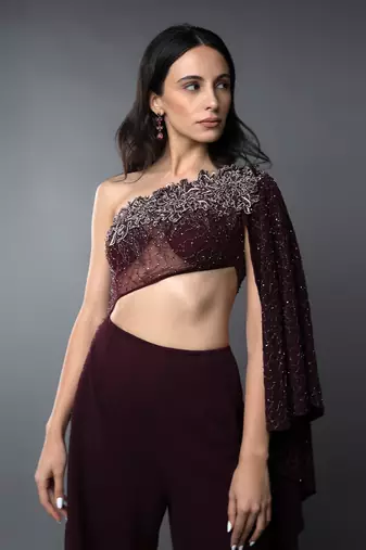 Wine One Shoulder Embroidered Body cut Slit Jumpsuit