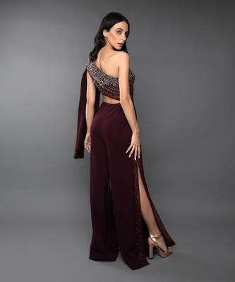 Wine One Shoulder Embroidered Body cut Slit Jumpsuit 6