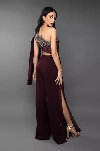 Wine One Shoulder Embroidered Body cut Slit Jumpsuit