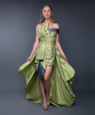 Green Embroidered Front Tie-Up Silk Gown 1