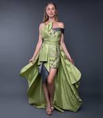 Green Embroidered Front Tie-Up Silk Gown