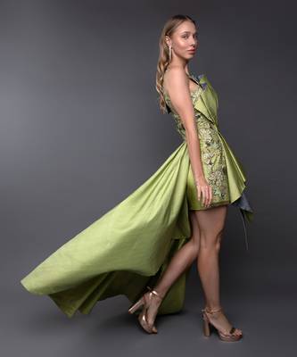 Green Embroidered Front Tie-Up Silk Gown 2