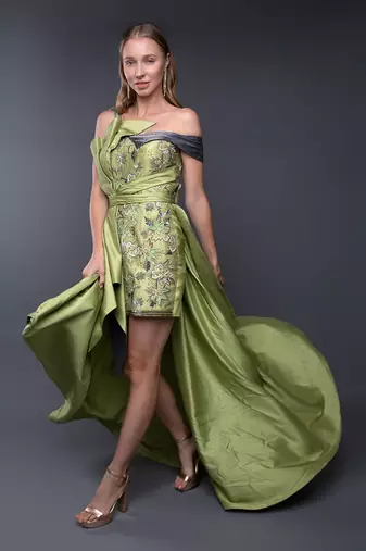 Green Embroidered Front Tie-Up Silk Gown