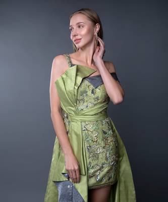 Green Embroidered Front Tie-Up Silk Gown 4