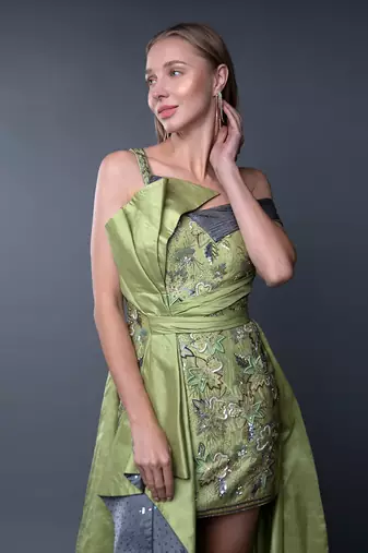 Green Embroidered Front Tie-Up Silk Gown