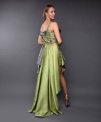Green Embroidered Front Tie-Up Silk Gown 5
