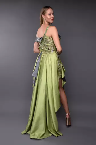 Green Embroidered Front Tie-Up Silk Gown