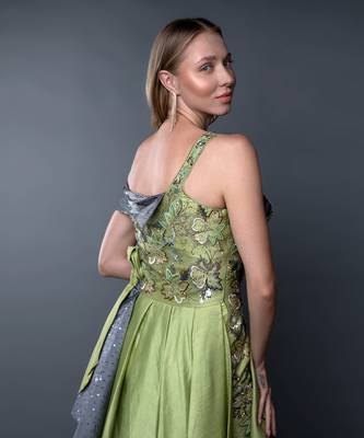 Green Embroidered Front Tie-Up Silk Gown 6