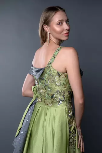 Green Embroidered Front Tie-Up Silk Gown