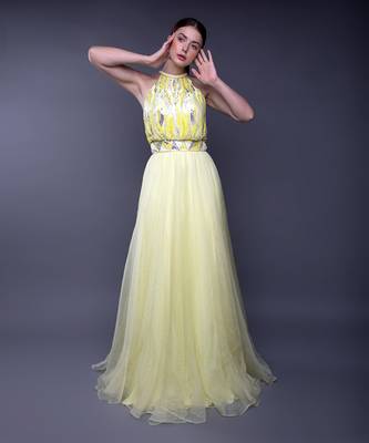 Yellow Silver Sequin Embroidered Bodice Organza Gown 1