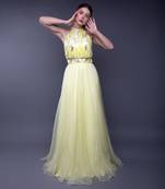 Yellow Silver Sequin Embroidered Bodice Organza Gown