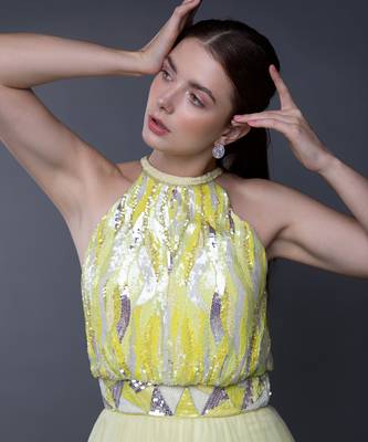 Yellow Silver Sequin Embroidered Bodice Organza Gown 2