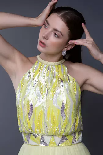Yellow Silver Sequin Embroidered Bodice Organza Gown