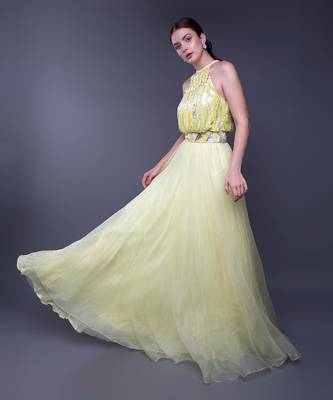 Yellow Silver Sequin Embroidered Bodice Organza Gown 3
