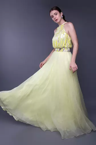 Yellow Silver Sequin Embroidered Bodice Organza Gown