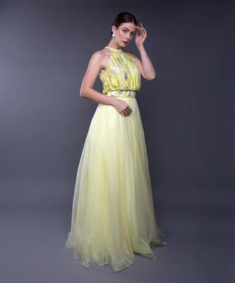 Yellow Silver Sequin Embroidered Bodice Organza Gown 4